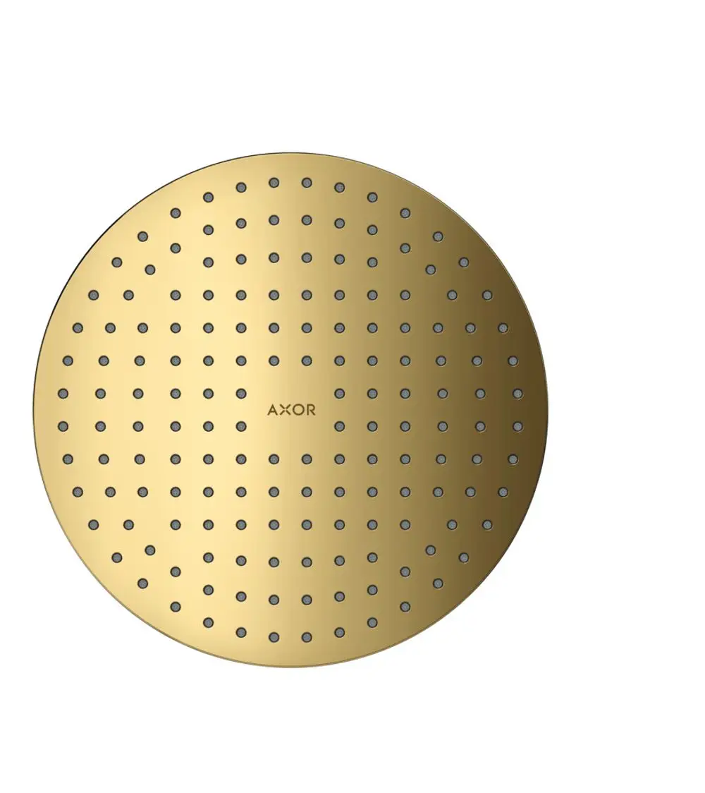 Runde Kopfbrause in poliertem Gold mit gleichmäßig verteilten Düsen und dem Logo der Marke AXOR in der Mitte.